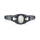 Lab Created White Opal Filigree Ring Oxidized 925 Sterling Silver