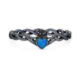 Lab Created Blue Opal Claddagh Heart Ring Oxidized 925 Sterling Silver