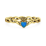 Lab Created Blue Opal Claddagh Heart Ring Oxidized 925 Sterling Silver
