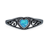 Lab Created Blue Opal Heart Ring Oxidized 925 Sterling Silver