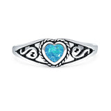 Lab Created Blue Opal Heart Ring Oxidized 925 Sterling Silver