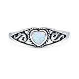 Lab Created White Opal Heart Ring Oxidized 925 Sterling Silver