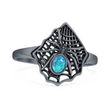 Lab Created Blue Opal Spider Web Ring Oxidized 925 Sterling Silver