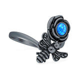 Lab Created Blue Opal Bee Flower Ring Oxidized 925 Sterling Silver