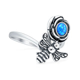Lab Created Blue Opal Bee Flower Ring Oxidized 925 Sterling Silver