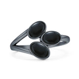 Minimalist 12.4mm Oval Black Onyx Three Stone Trio Ring 925 Sterling Silver