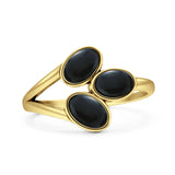 Minimalist 12.4mm Oval Black Onyx Three Stone Trio Ring 925 Sterling Silver