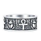 Scarab Ankh Ring 8mm Oxidized Band 925 Sterling Silver