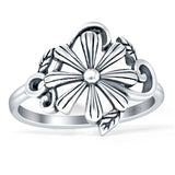 Minimalist 15mm Flower Leaf Ring Oxidized 925 Sterling Silver