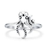 14.4mm Octopus Ring with Crescent Moon Star 925 Sterling Silver