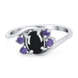 Art Deco Oval Natural Black Onyx Swirl Ring 925 Sterling Silver