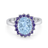 Art Deco Oval Natural Aquamarine Halo Flower Ring 925 Sterling Silver