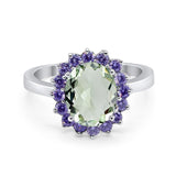 Art Deco Oval Natural Green Amethyst Prasiolite Halo Flower Ring 925 Sterling Silver
