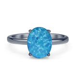 Art Deco 10mm Oval Lab Created Blue Opal Solitaire Ring 925 Sterling Silver