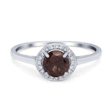 Art Deco Round Natural Chocolate Smoky Quartz Halo Wedding Ring 925 Sterling Silver