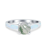 Minimalist Round Natural Green Moss Agate Solitaire Ring 925 Sterling Silver