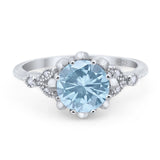 Art Deco Round Natural Aquamarine Floral Ring 925 Sterling Silver