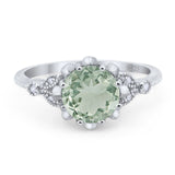 Art Deco Round Natural Green Amethyst Prasiolite Floral Ring 925 Sterling Silver
