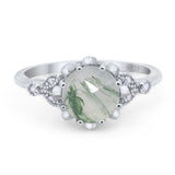 Art Deco Round Natural Green Moss Agate Floral Ring 925 Sterling Silver