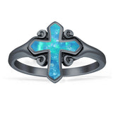 Minimalist 13mm Cross Rings Lab Created Blue Opal Oxidized 925 Sterling Silver