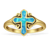 Minimalist 13mm Cross Rings Lab Created Blue Opal Oxidized 925 Sterling Silver