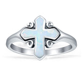 Minimalist 13mm Cross Rings Lab Created White Opal Oxidized 925 Sterling Silver