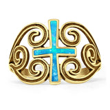Cross Heart Swirl Ring 14mm Oxidized Lab Created Blue Opal 925 Sterling Silver