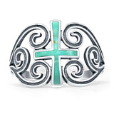Cross Heart Swirl Ring 14mm Oxidized Turquoise 925 Sterling Silver