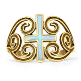Cross Heart Swirl Ring 14mm Oxidized Lab Created White Opal 925 Sterling Silver
