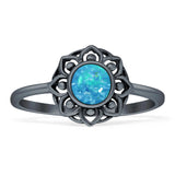 Lotus Flower Mandala Ring Lab Created Blue Opal Oxidized 925 Sterling Silver