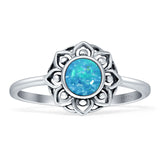 Lotus Flower Mandala Ring Lab Created Blue Opal Oxidized 925 Sterling Silver