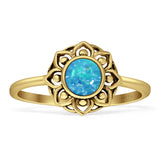 Lotus Flower Mandala Ring Lab Created Blue Opal Oxidized 925 Sterling Silver