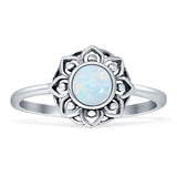 Lotus Flower Mandala Ring Lab Created White Opal Oxidized 925 Sterling Silver