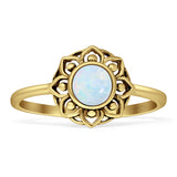 Lotus Flower Mandala Ring Lab Created White Opal Oxidized 925 Sterling Silver