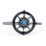 Minimalist 12mm Round Lab Created Blue Opal Compass Ring Oxidized 925 Sterling Silver