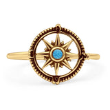 Minimalist 12mm Round Lab Created Blue Opal Compass Ring Oxidized 925 Sterling Silver