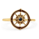 Minimalist 12mm Round Black Agate Compass Ring Oxidized 925 Sterling Silver