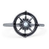 Minimalist 12mm Round Lab Created White Opal Compass Ring Oxidized 925 Sterling Silver
