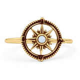 Minimalist 12mm Round Lab Created White Opal Compass Ring Oxidized 925 Sterling Silver
