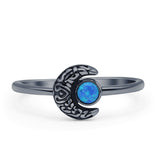 Minimalist 8mm Round Lab Created Blue Opal Crescent Moon Ring 925 Sterling Silver