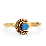 Minimalist 8mm Round Lab Created Blue Opal Crescent Moon Ring 925 Sterling Silver