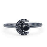 Minimalist 8mm Round Black Agate Crescent Moon Ring 925 Sterling Silver