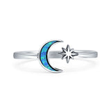 Minimalist 8mm Lab Created Blue Opal Moon & Star Ring 925 Sterling Silver
