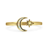 Minimalist 8mm Lab Created White Opal Moon & Star Ring 925 Sterling Silver