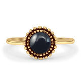 Minimalist 10mm Round Black Agate Beaded Ring 925 Sterling Silver