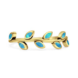 Minimalist 6mm Lab Created Blue Opal Leaf Band Oxidized Ring 925 Sterling Silver