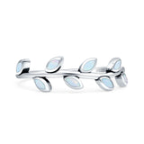 Minimalist 6mm Lab Created White Opal Leaf Band Oxidized Ring 925 Sterling Silver
