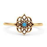 Round Lab Created Blue Opal Flower Ring Filigree Oxidized 925 Sterling Silver