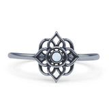 Round Lab Created White Opal Flower Ring Filigree Oxidized 925 Sterling Silver