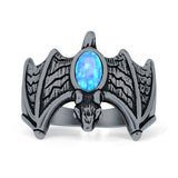 Oval 16mm Lab Created Blue Opal Flying Bat Oxidized Ring 925 Sterling Silver